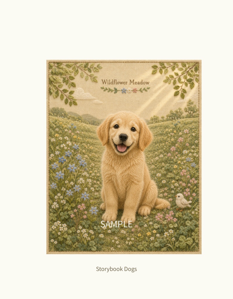 Storybook Dogs｜Wildflower Meadow ― ゴールデンレトリバーと花咲く野原｜布絵本風デジタルアート