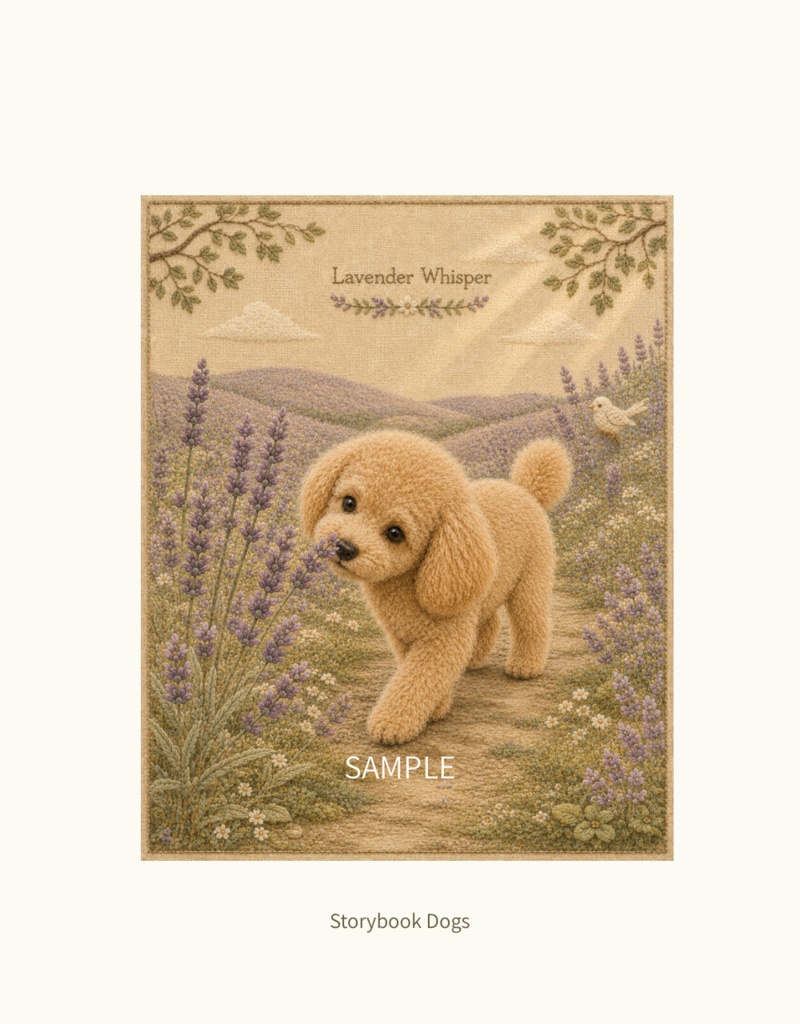 Storybook Dogs｜Lavender Whisper ― トイプードルとラベンダーの丘｜布絵本風デジタルアート