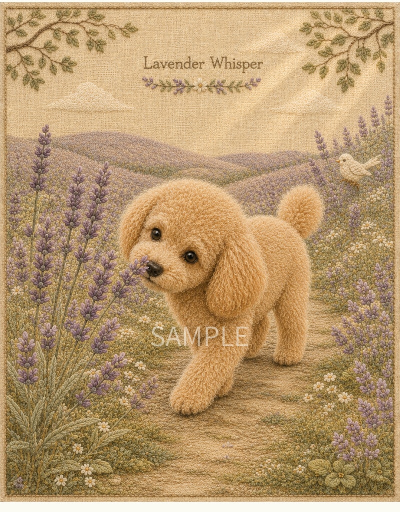 Storybook Dogs|Lavender Whisper ― トイプードルとラベンダーの丘|布絵本風デジタルアート