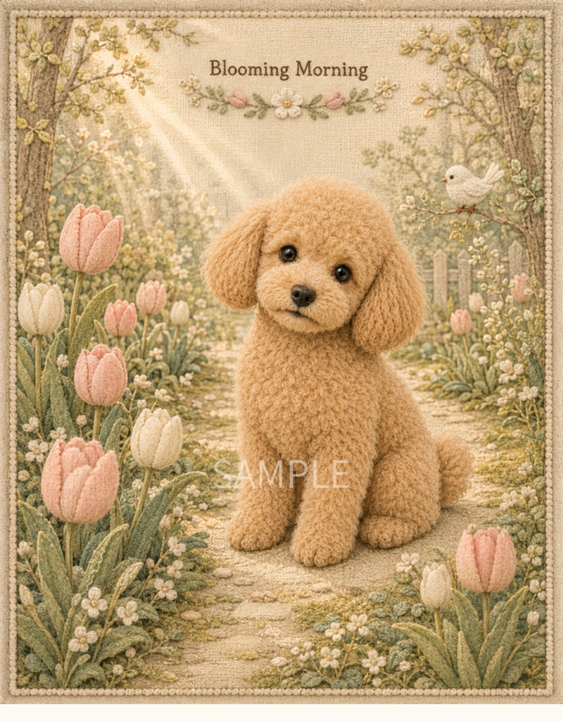 Storybook Dogs|Blooming Morning ― トイプードルと咲き始める春の庭|布絵本風デジタルアート