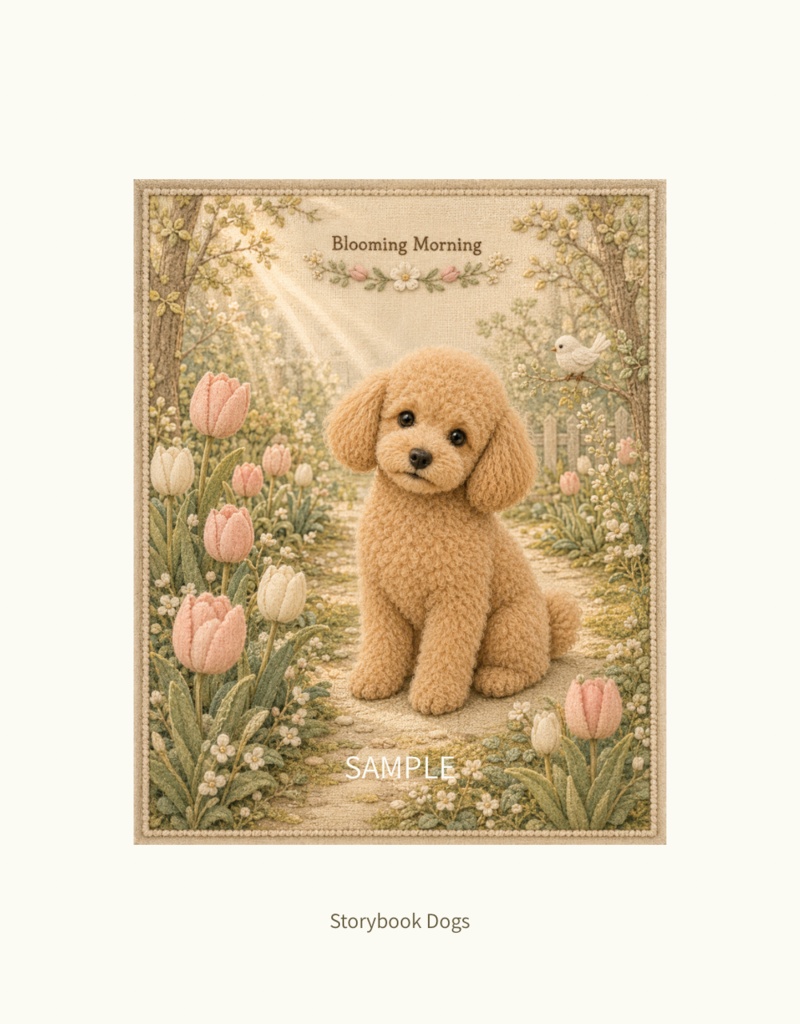 Storybook Dogs｜Blooming Morning ― トイプードルと咲き始める春の庭｜布絵本風デジタルアート