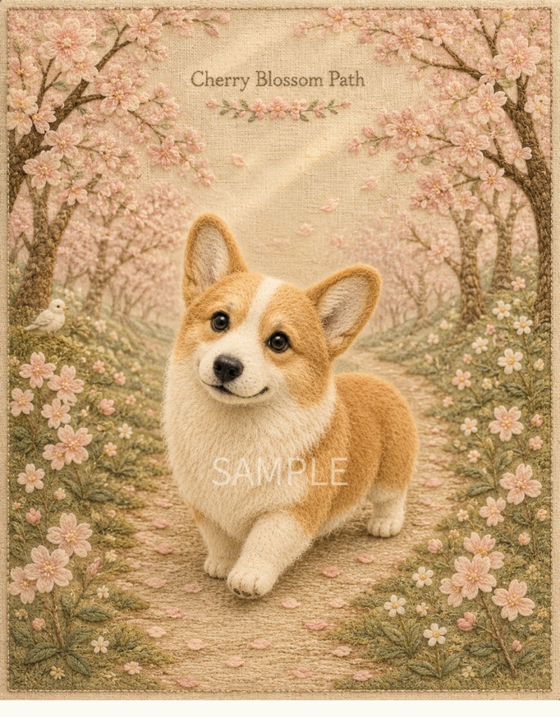 Storybook Dogs|Cherry Blossom Path ― コーギーと桜並木の小道|布絵本風デジタルアート
