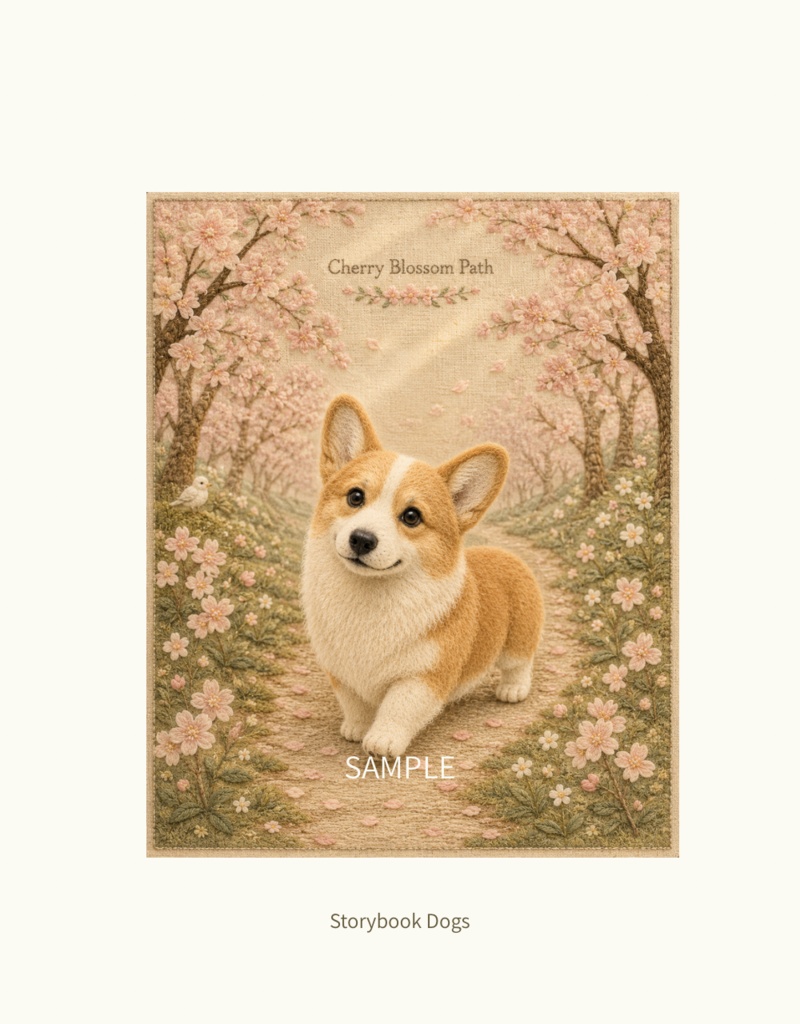 Storybook Dogs|Cherry Blossom Path ― コーギーと桜並木の小道|布絵本風デジタルアート