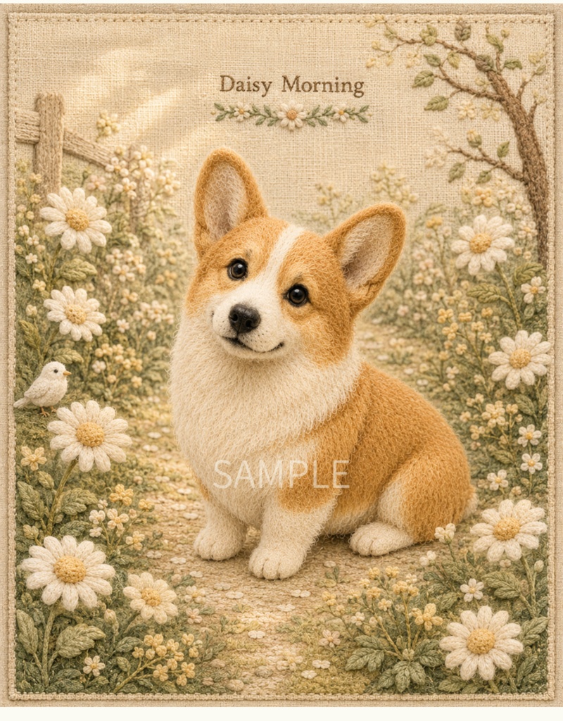 Storybook Dogs|Daisy Morning ― コーギーと朝咲くマーガレット|布絵本風デジタルアート