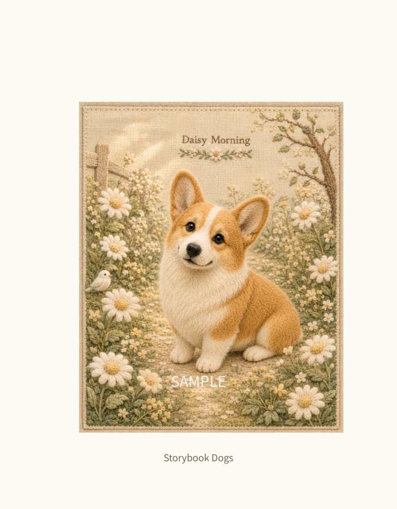 Storybook Dogs｜Daisy Morning ― コーギーと朝咲くマーガレット｜布絵本風デジタルアート