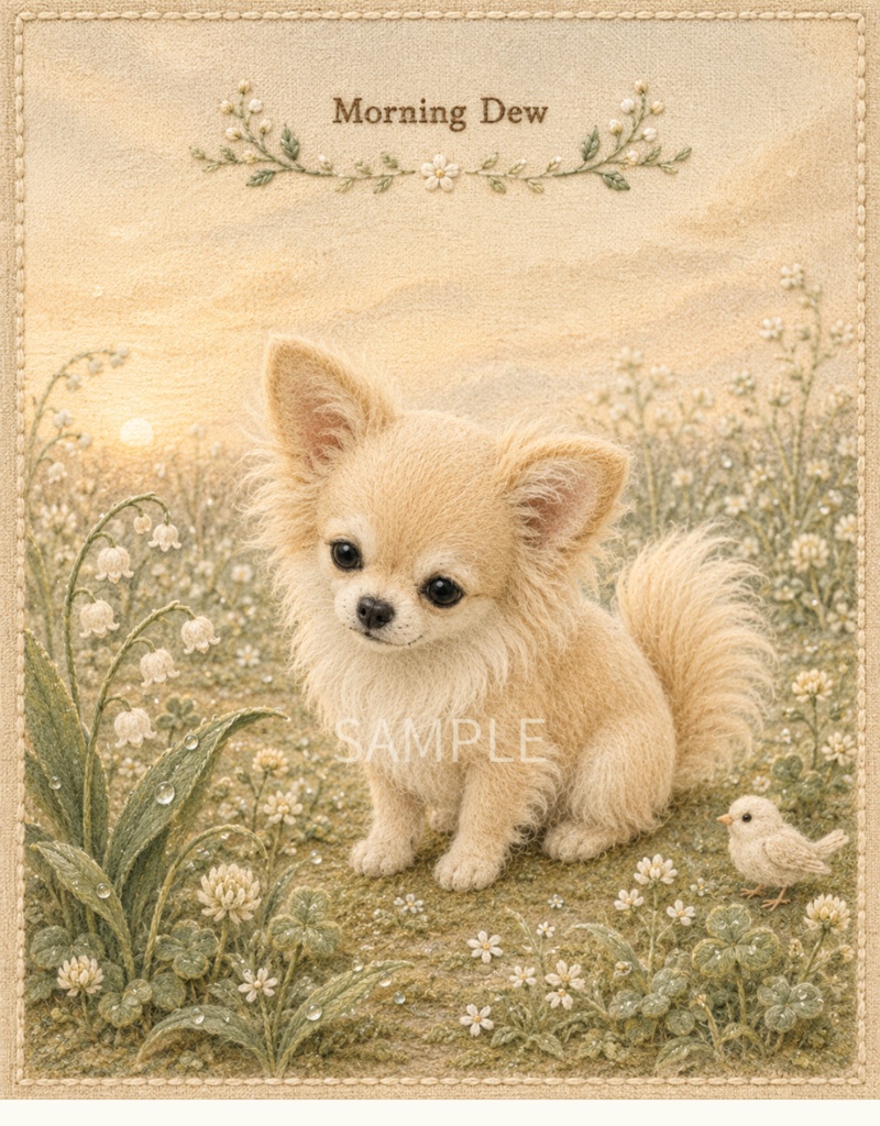 Storybook Dogs|Morning Dew ― チワワと朝露の庭|布絵本風デジタルアート
