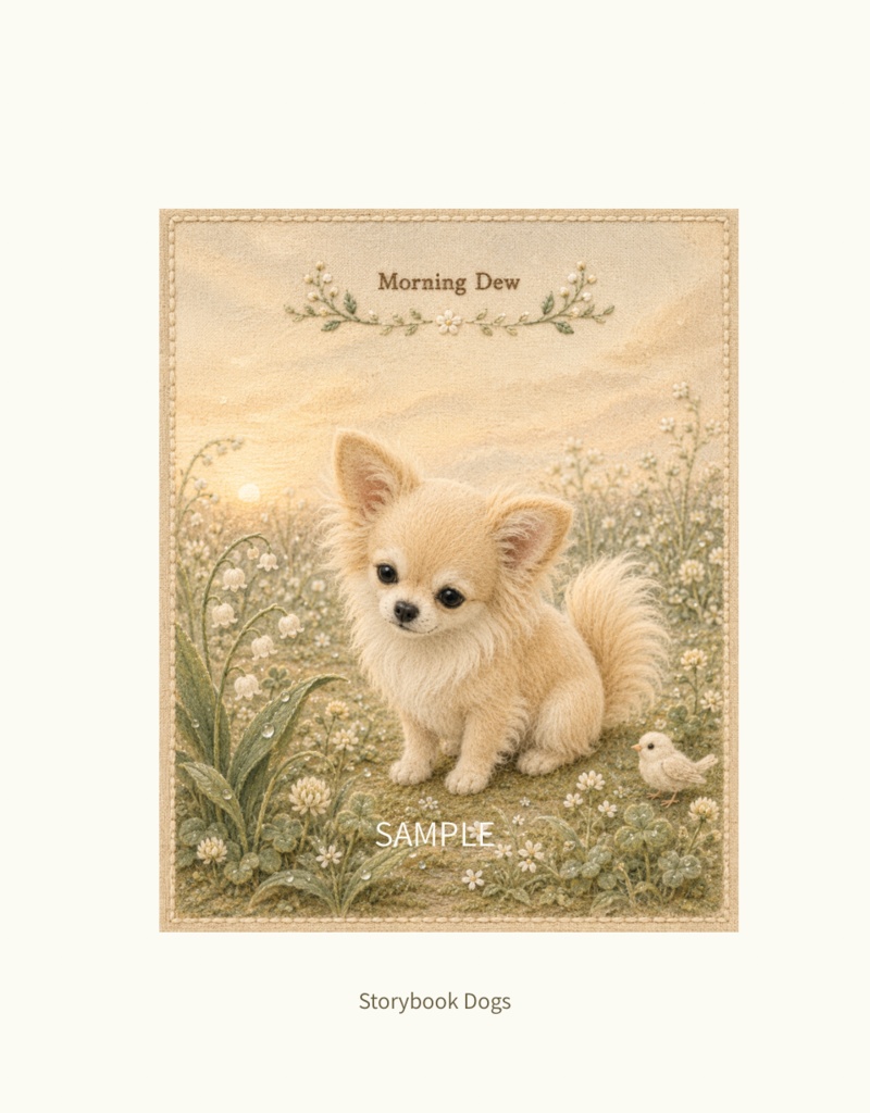 Storybook Dogs|Morning Dew ― チワワと朝露の庭|布絵本風デジタルアート