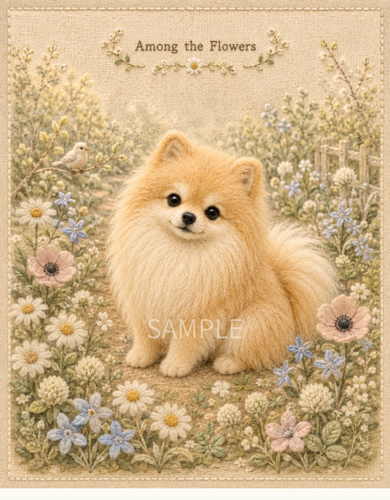 Storybook Dogs|Among the Flowers ― ポメラニアンと花咲く小道|布絵本風デジタルアート