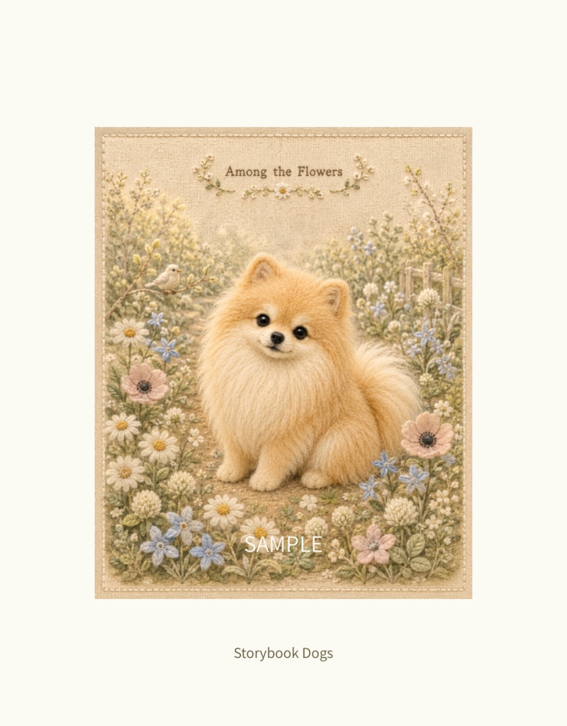 Storybook Dogs|Among the Flowers ― ポメラニアンと花咲く小道|布絵本風デジタルアート