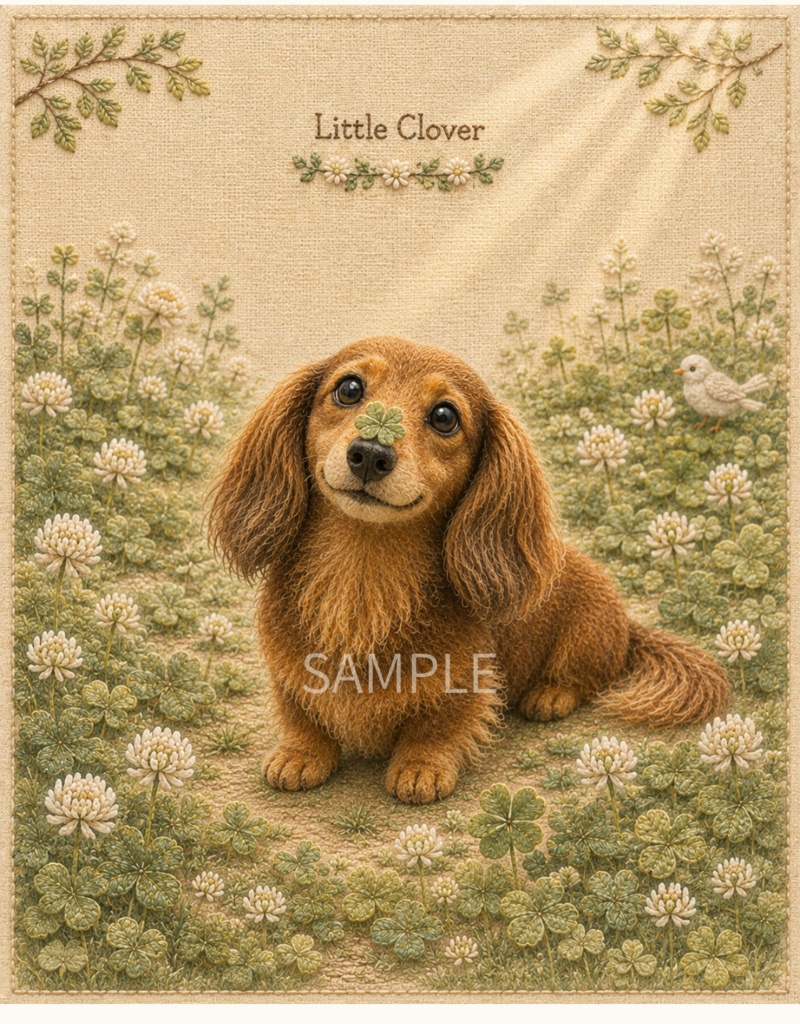 Storybook Dogs|Little Clover ― ミニチュアダックスフンドと小さなクローバー|布絵本風デジタルアート