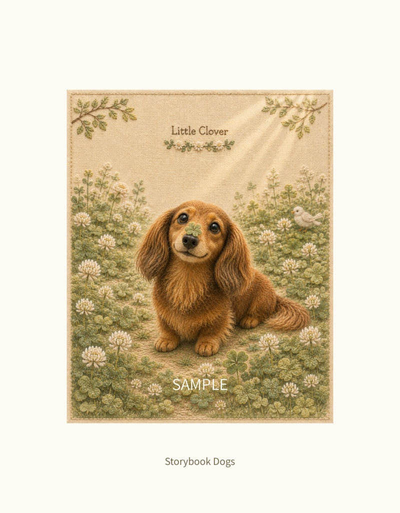 Storybook Dogs｜Little Clover ― ミニチュアダックスフンドと小さなクローバー｜布絵本風デジタルアート