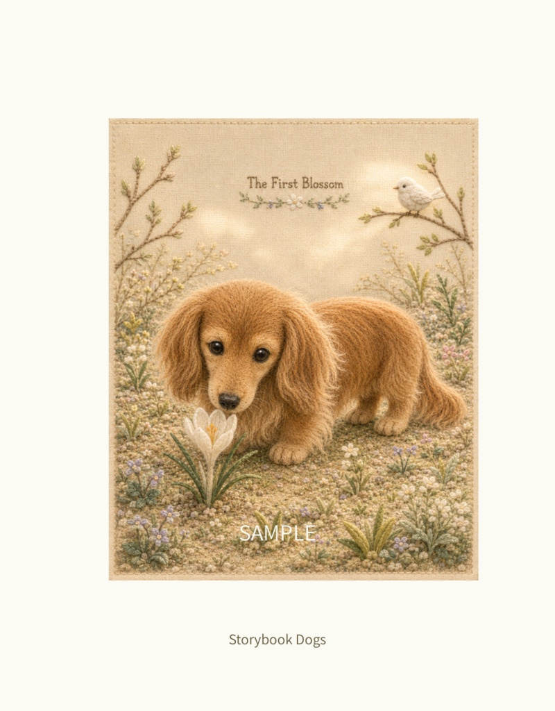 Storybook Dogs｜The First Blossom ― ミニチュアダックスフンドと春のはじまり｜布絵本風デジタルアート