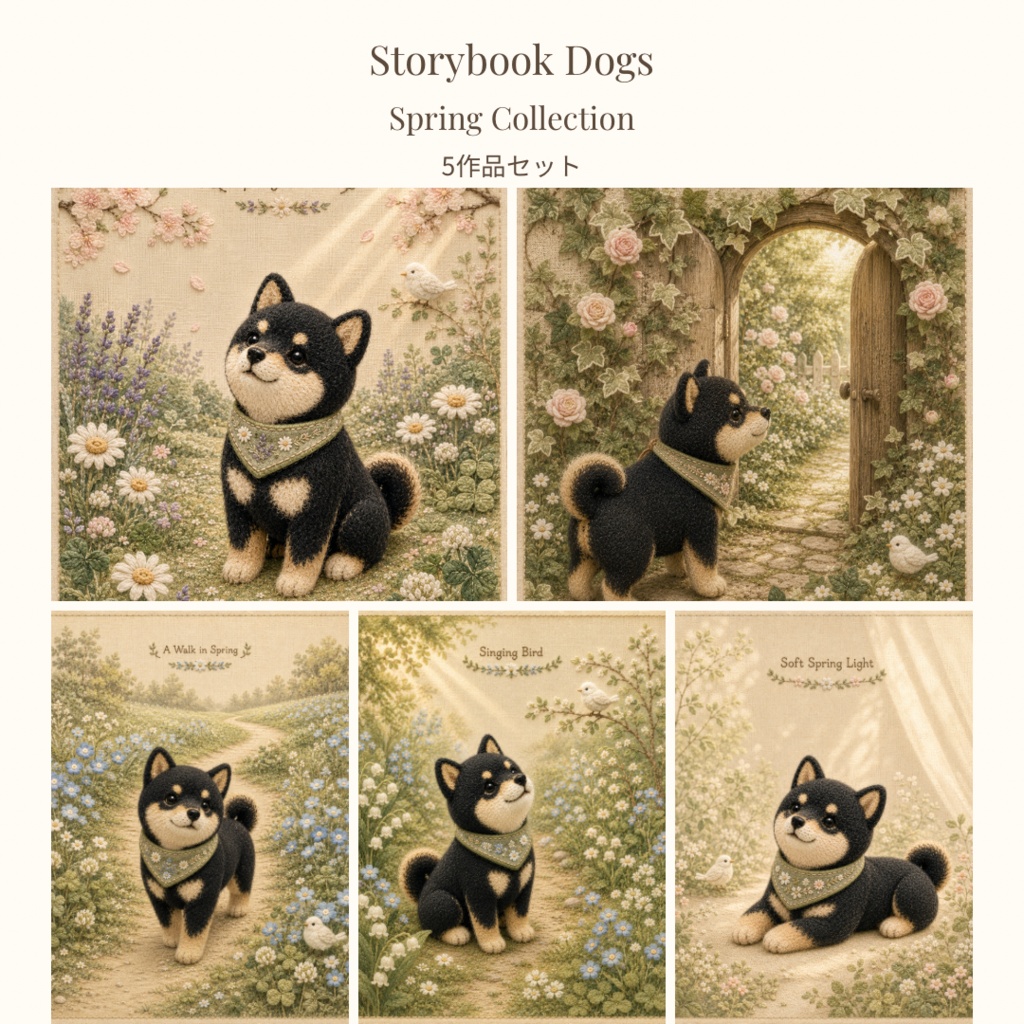 Storybook Dogs｜Spring Collection 5作品セット｜黒柴犬の布絵本風デジタルミニアート