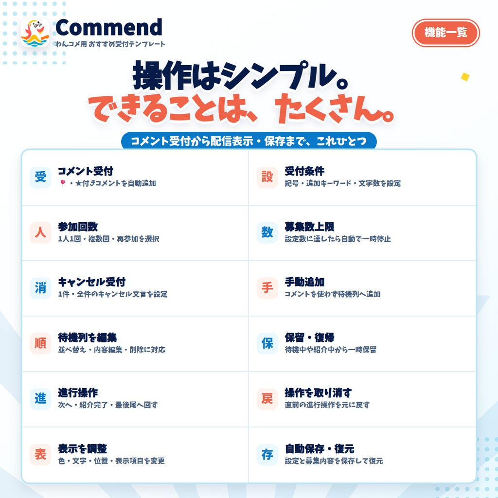 【期間限定価格9/18まで】【わんコメ用テンプレート】Commend|コメントでおすすめ受付・待機列・OBS表示