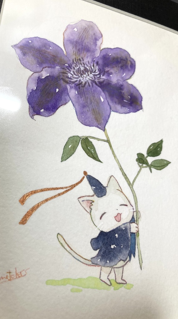 マット付き原画:「ボウシちゃんとクレマチス」