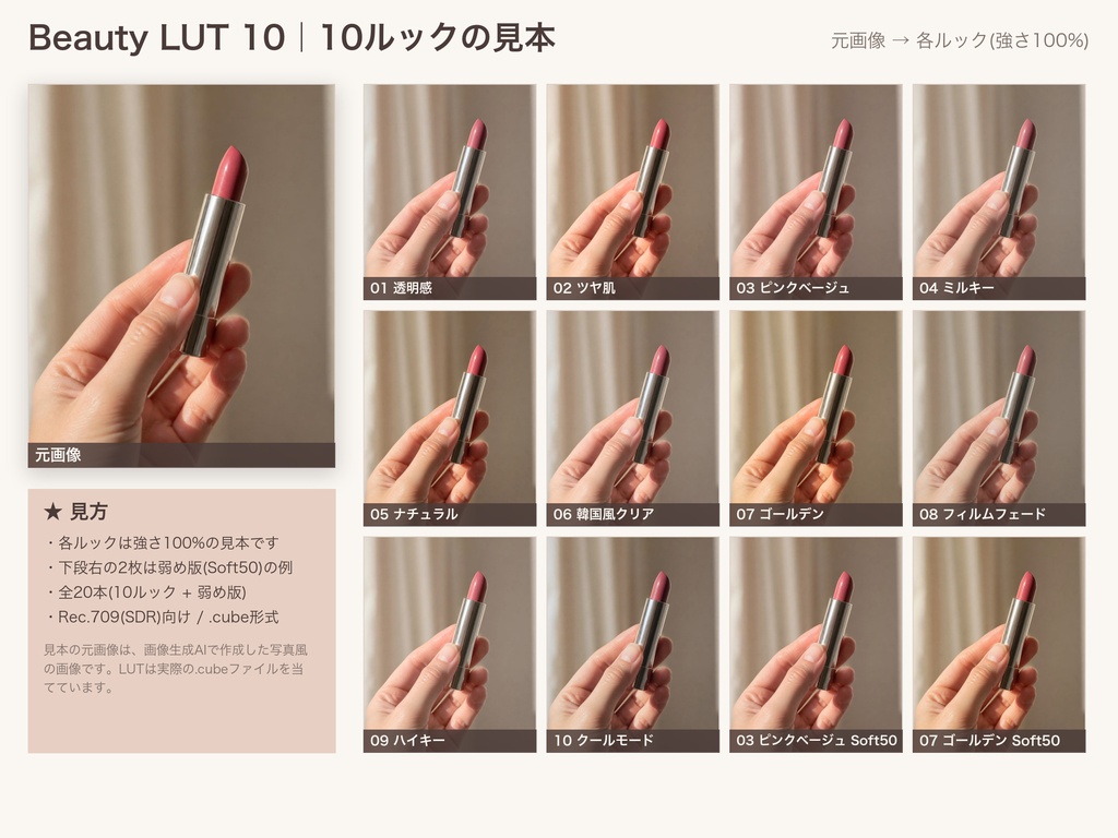 【.cube LUT】美容・ショート動画向け 肌色を守るLUT 10種+弱め版|透明感・ツヤ肌・ピンクベージュ(TikTok・リール)