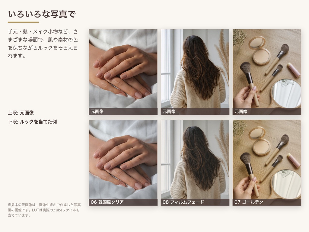 【.cube LUT】美容・ショート動画向け 肌色を守るLUT 10種+弱め版|透明感・ツヤ肌・ピンクベージュ(TikTok・リール)