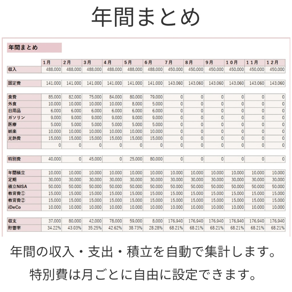 スマホ対応|開始月が選べる家計簿テンプレ(年間自動集計)