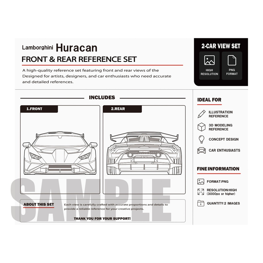 （線画素材）Lamborghini Huracan3点セット／白背景PNG