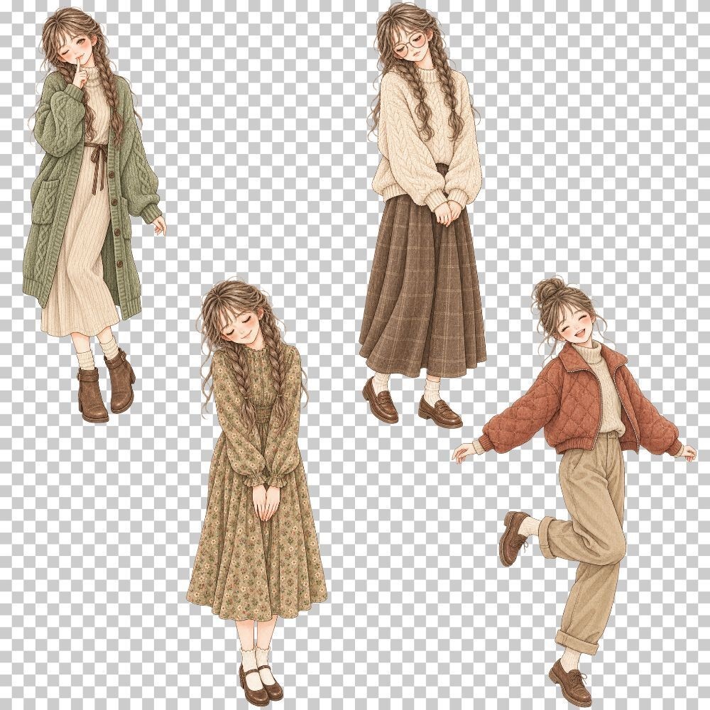 【透過素材】秋の女の子のイラスト素材 / 20点セット /手帳デコ/カード