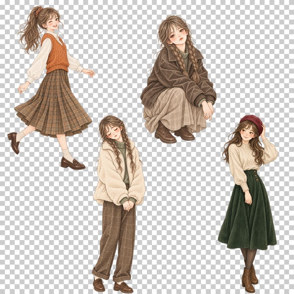 【透過素材】秋の女の子のイラスト素材 / 20点セット /手帳デコ/カード