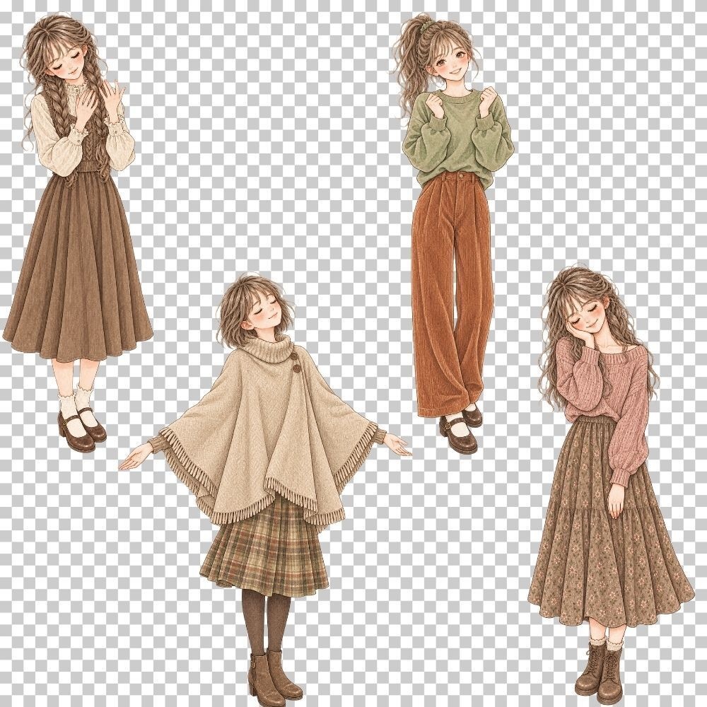 【透過素材】秋の女の子のイラスト素材 / 20点セット /手帳デコ/カード