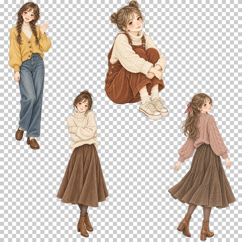 【透過素材】秋の女の子のイラスト素材 / 20点セット /手帳デコ/カード