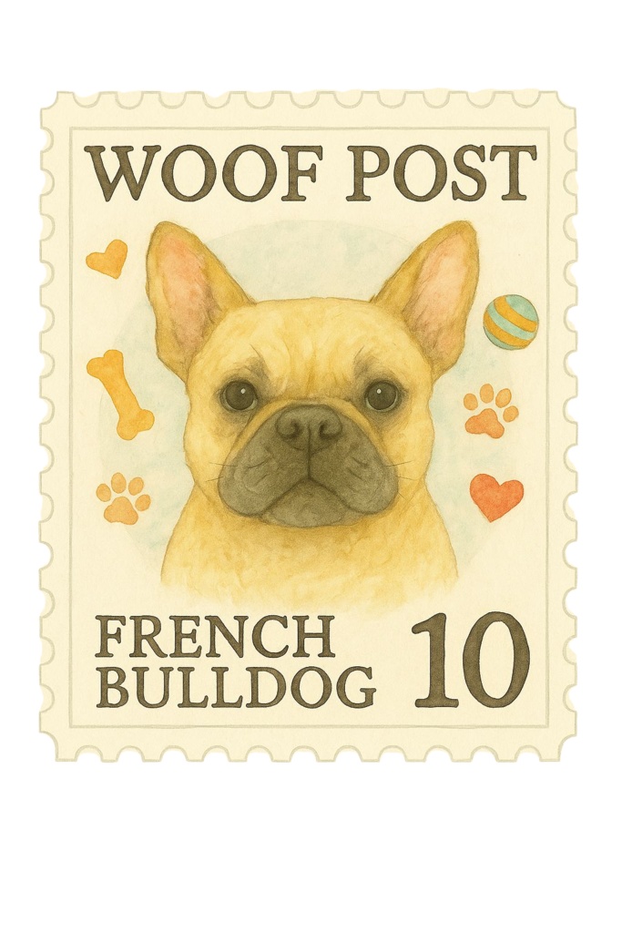 犬, フレンチブルドッグ, イラスト素材, 切手風, デジタル販売, 水彩イラスト, WOOF POST