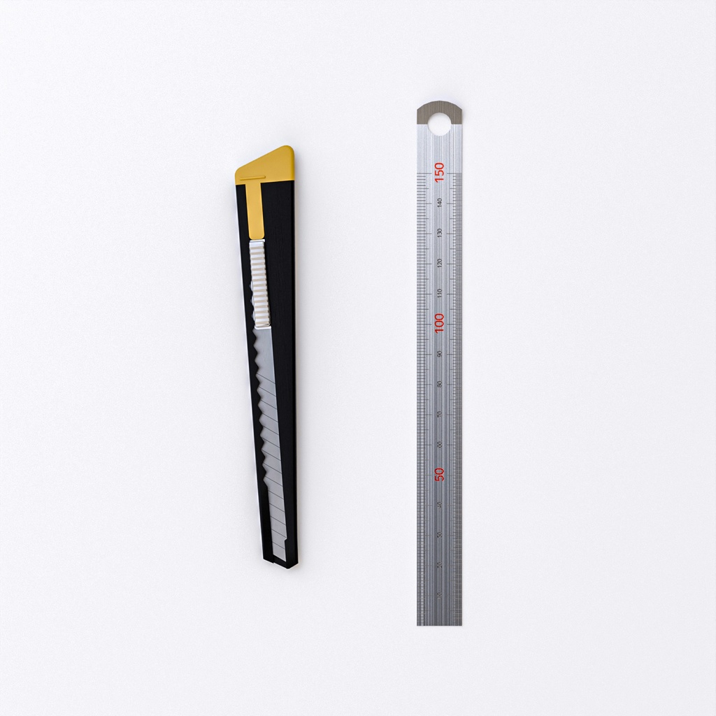 カッターナイフと15センチ定規【3Dモデル】