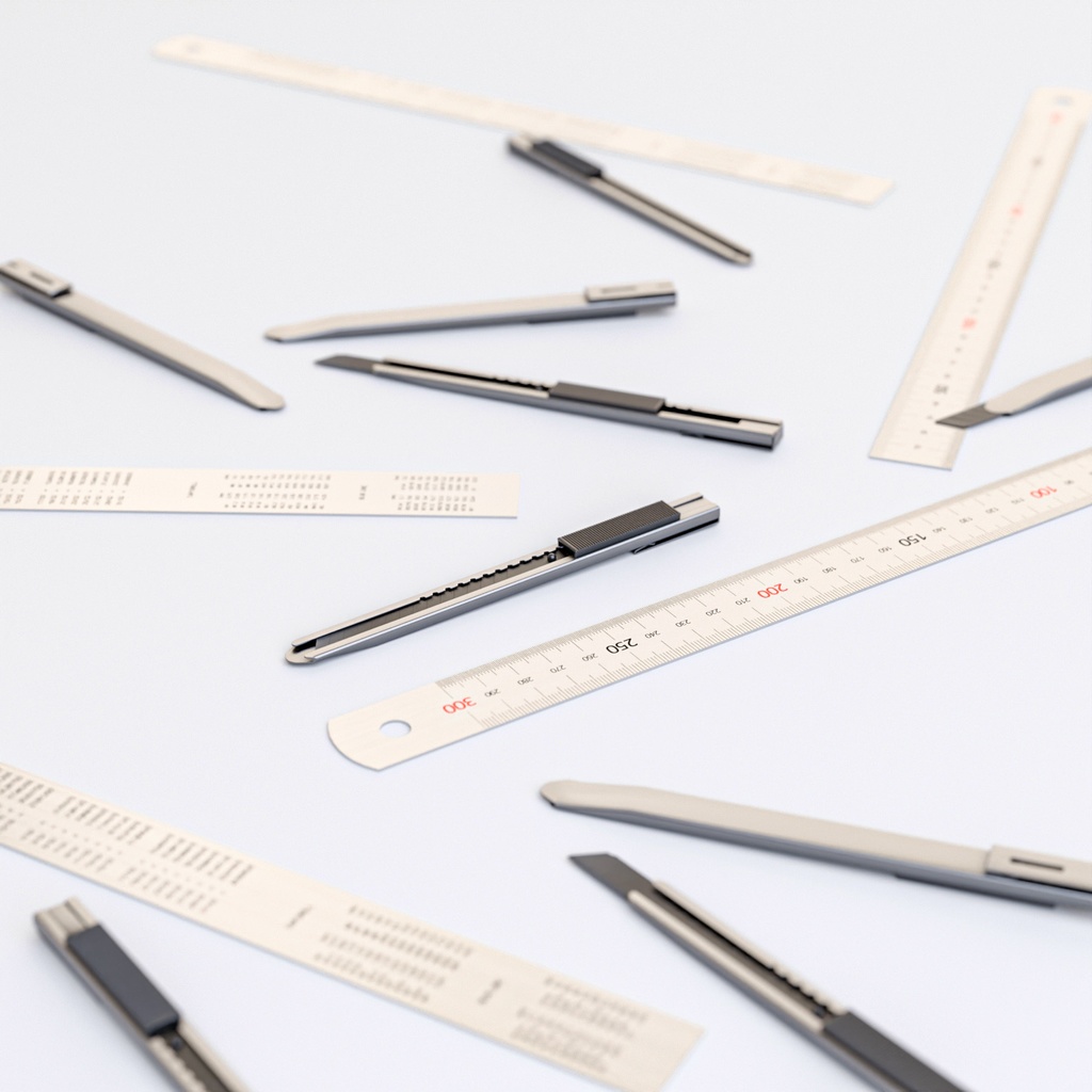 カッターナイフと30センチ定規【3Dモデル】