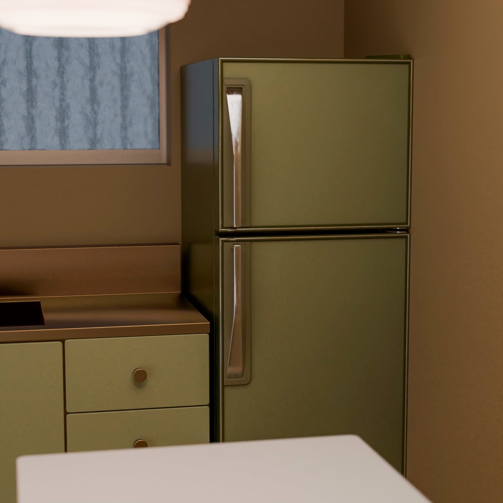 レトロな冷蔵庫と蛍光灯【3Dモデル】