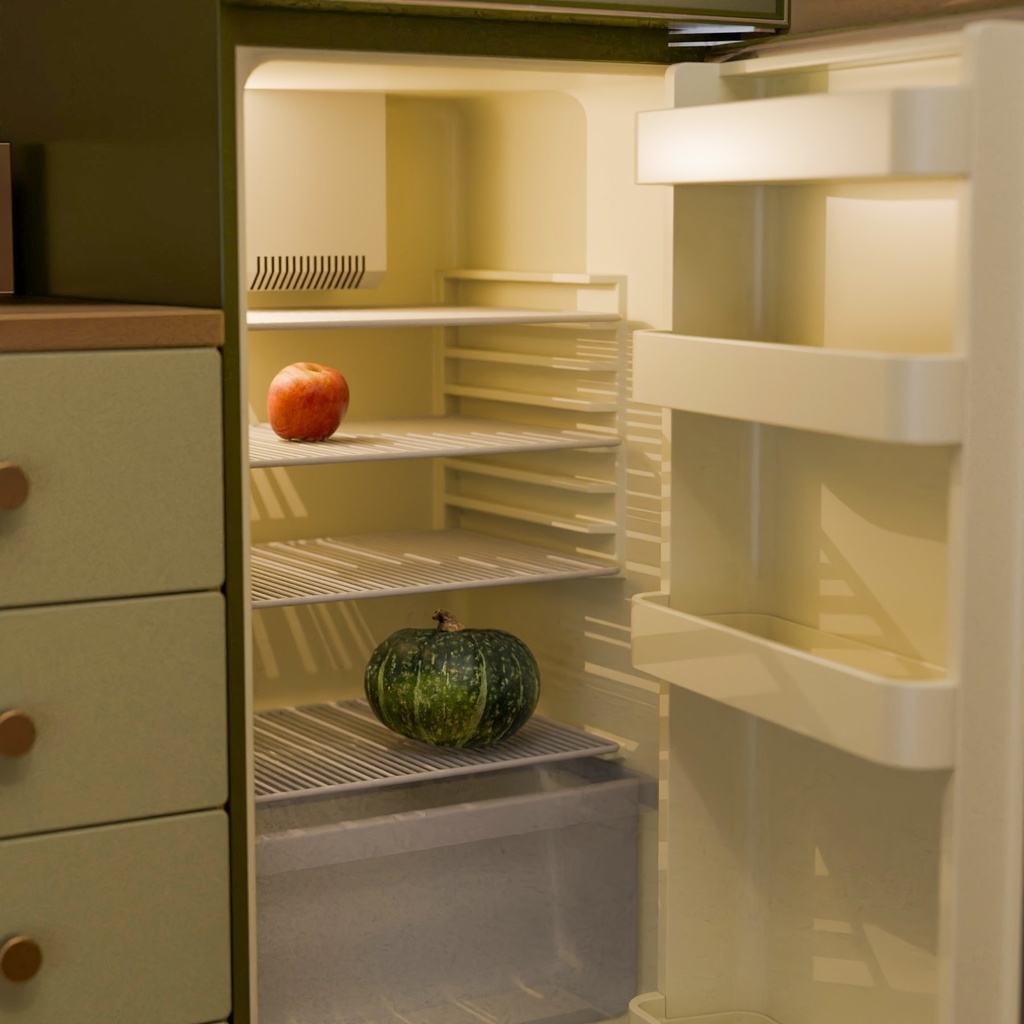 レトロな冷蔵庫と蛍光灯【3Dモデル】