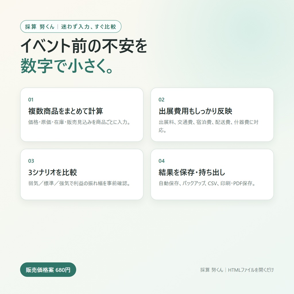 イベント出展 採算シミュレーター「採算 努くん」|同人・ハンドメイド向け利益計算ツール