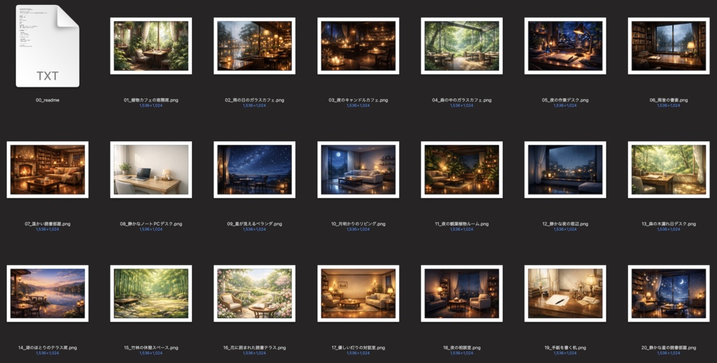 配信・作業用 癒し空間背景素材20枚|カフェ・書斎・夜部屋・自然風景