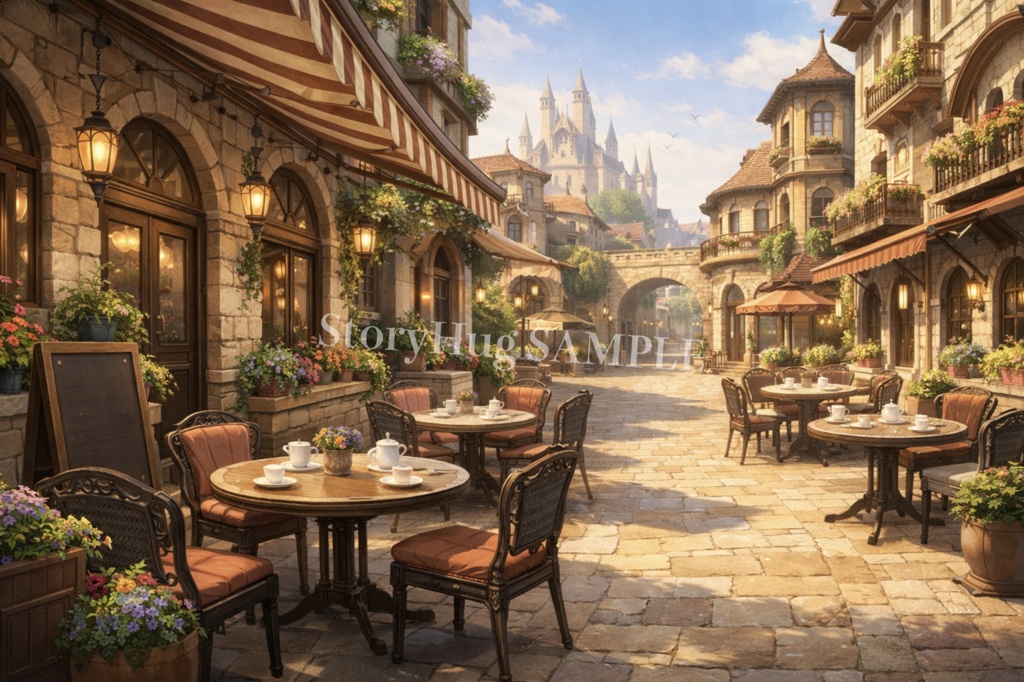 ファンタジー街・都市背景素材20枚|城下町・石畳通り・夜の街|配信/TRPG/動画背景