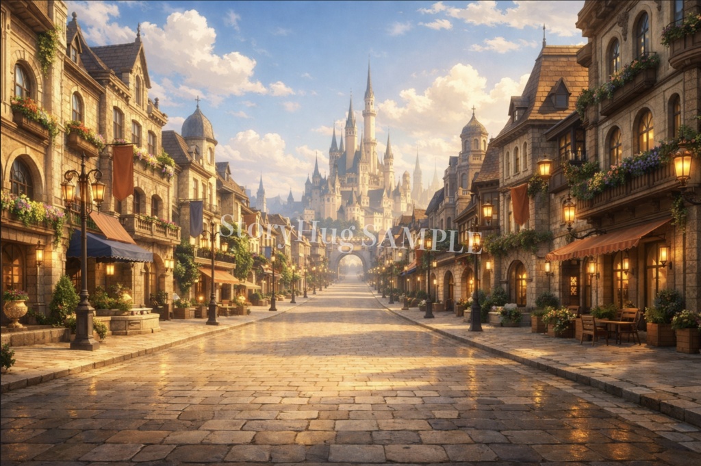 ファンタジー街・都市背景素材20枚|城下町・石畳通り・夜の街|配信/TRPG/動画背景