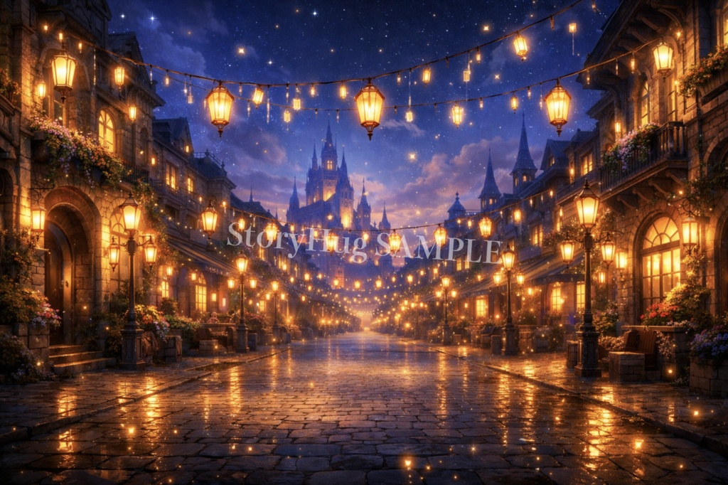 ファンタジー街・都市背景素材20枚|城下町・石畳通り・夜の街|配信/TRPG/動画背景