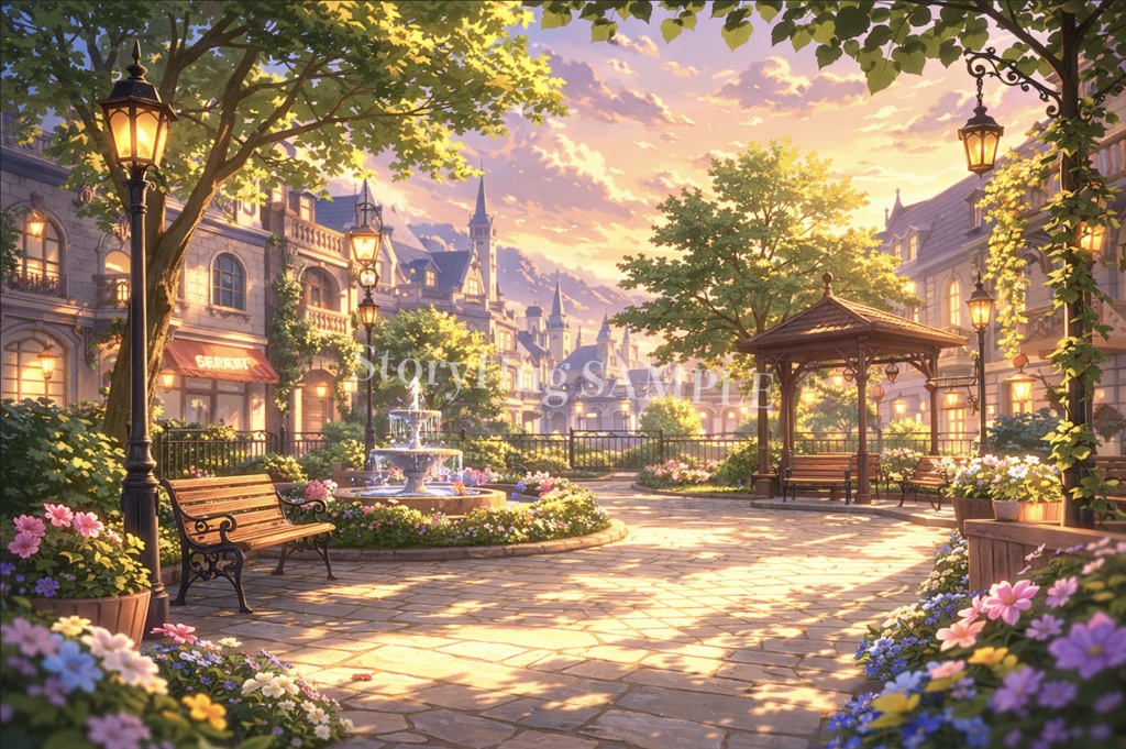 ファンタジー街・都市背景素材20枚|城下町・石畳通り・夜の街|配信/TRPG/動画背景