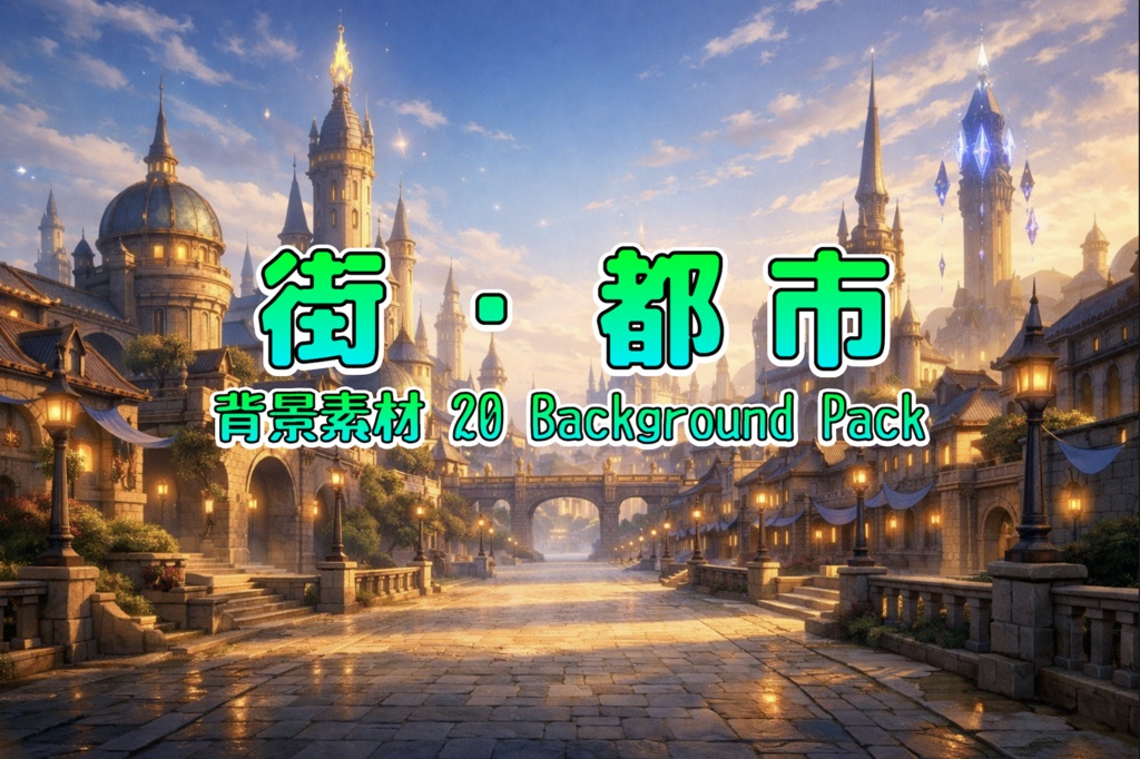 ファンタジー街・都市背景素材20枚｜城下町・石畳通り・夜の街｜配信/TRPG/動画背景