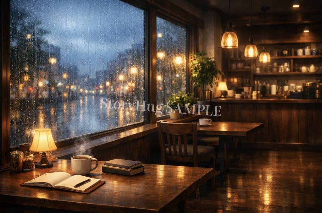 【配信・作業用】幻想カフェ背景素材集|雨・夜・テラス・本屋カフェ20枚パック