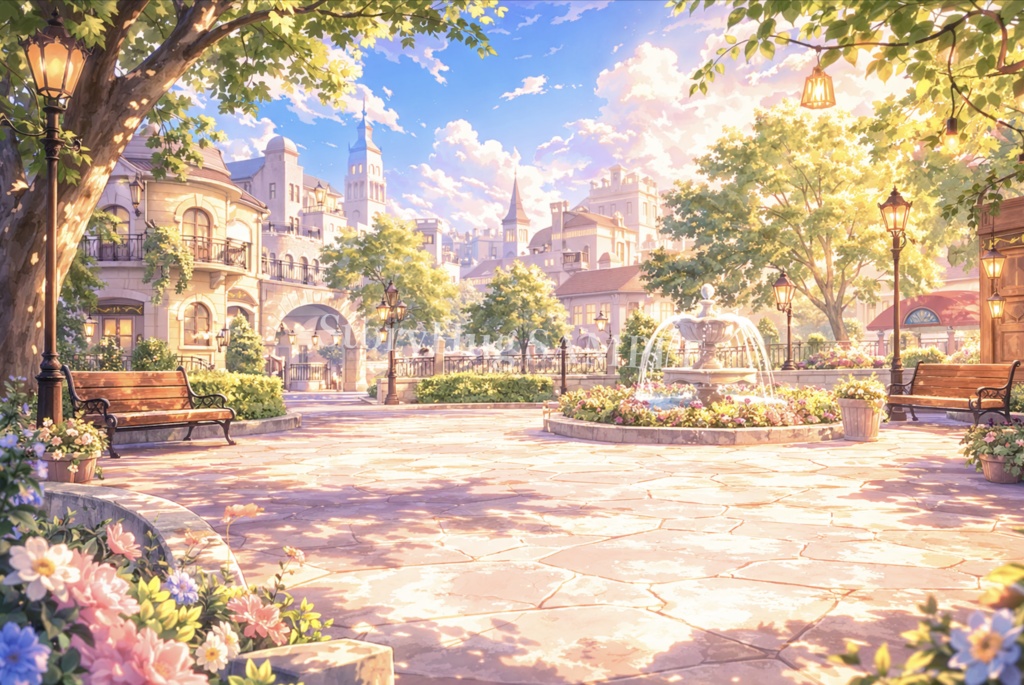 【無料】ファンタジー街背景素材(4枚)|夜の街灯・公園・広場