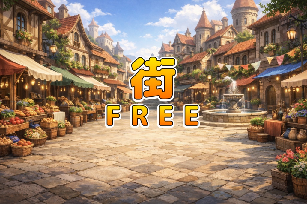 【無料】ファンタジー街背景素材（4枚）｜夜の街灯・公園・広場