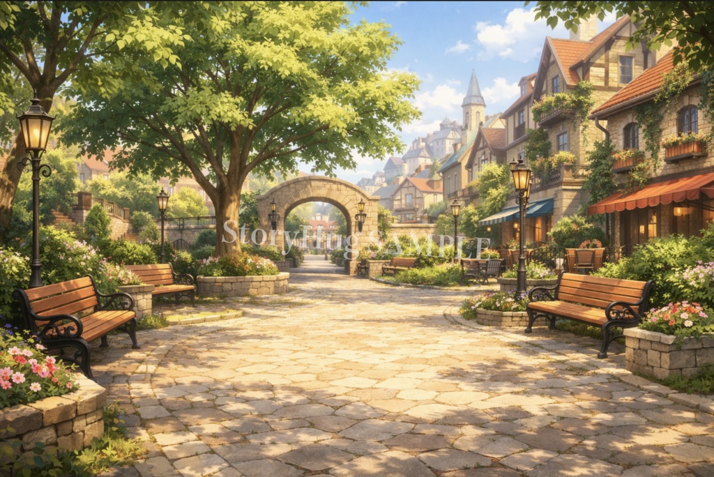 【無料】ファンタジー街背景素材(4枚)|夜の街灯・公園・広場