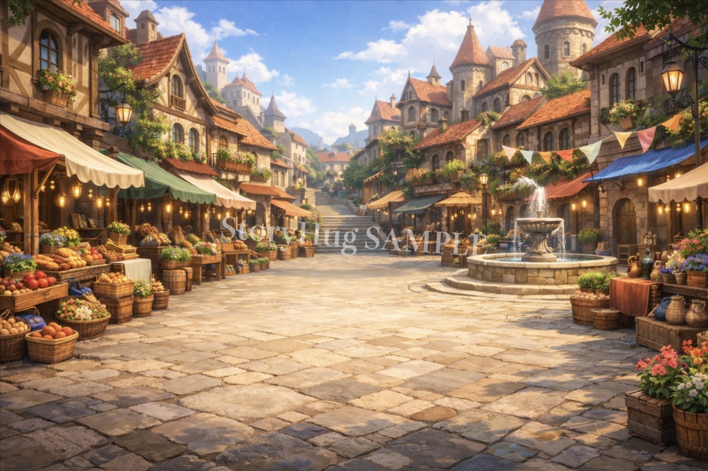 【無料】ファンタジー街背景素材(4枚)|夜の街灯・公園・広場