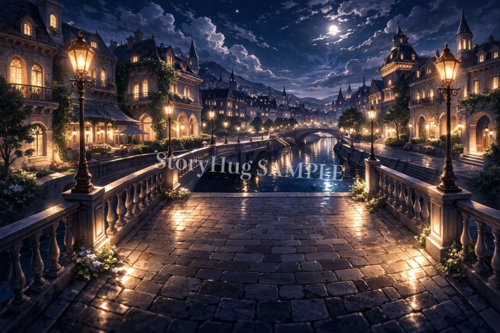 【無料】ファンタジー街背景素材(4枚)|夜の街灯・公園・広場