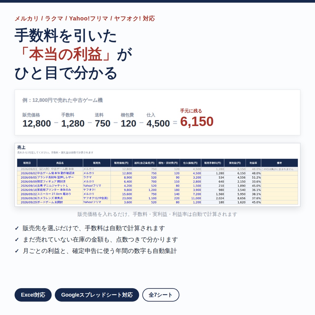 フリマ・せどりの利益がひと目で分かる収支管理シート｜メルカリ・ラクマ・Yahoo!フリマ・ヤフオク対応
