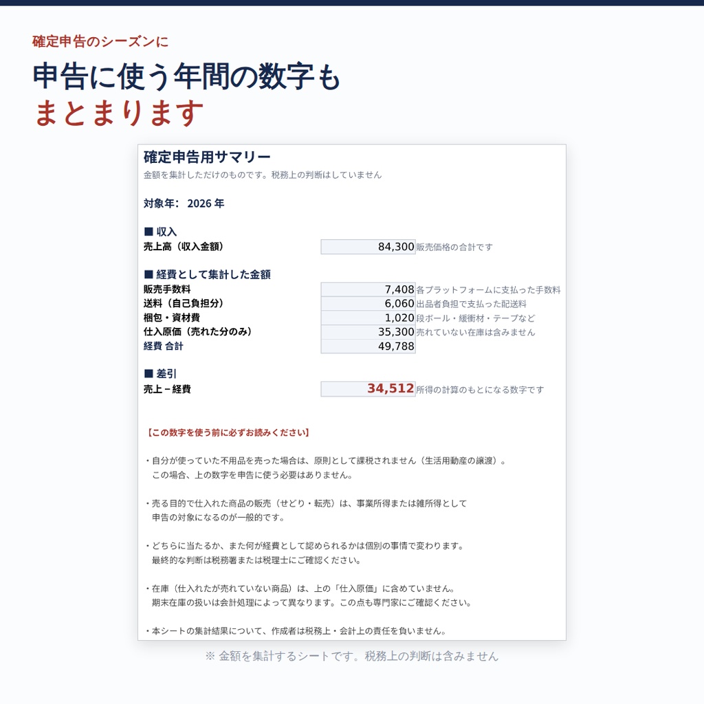 フリマ・せどりの利益がひと目で分かる収支管理シート|メルカリ・ラクマ・Yahoo!フリマ・ヤフオク対応
