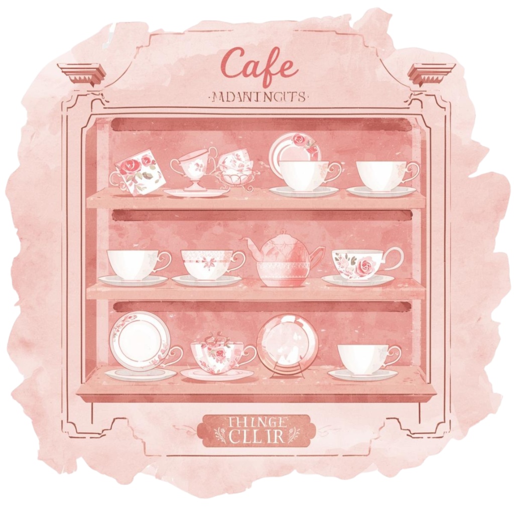 水彩風 ピンク×アンティーク カフェクリップアート(全10種・PNG形式)