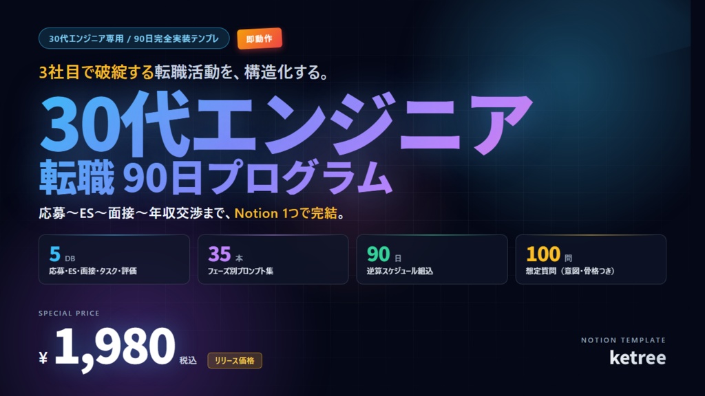 年収UP転職 30代エンジニア 90日プログラム — Notion テンプレート + プロンプト集35個 + 想定質問100問