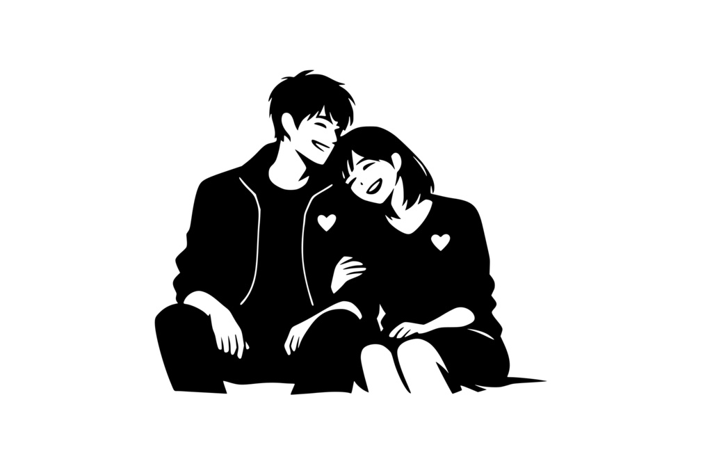 男女が並んで座り、肩を寄せて笑う姿_ロゴ